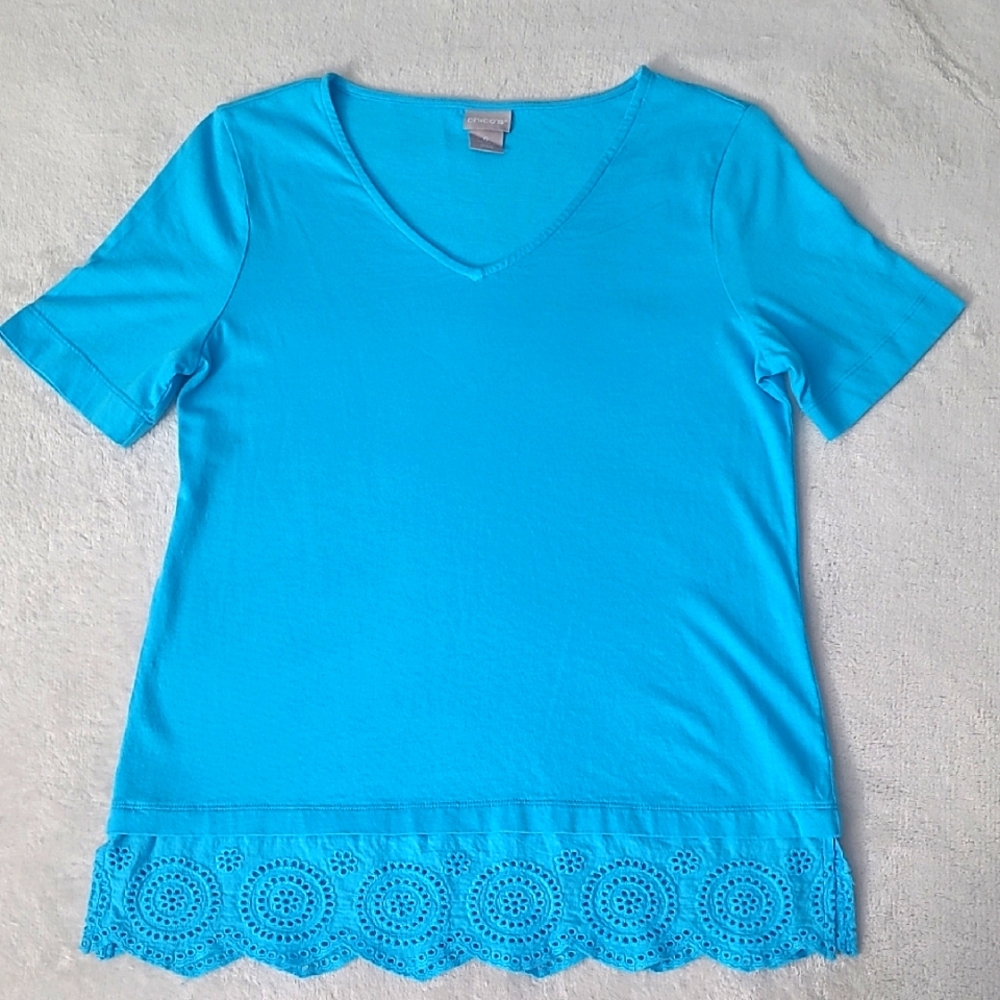 Chicos US 4 6 Turquoise Eyelet Hem V Neck Cotton Modal Tee Top Embroidered Bold